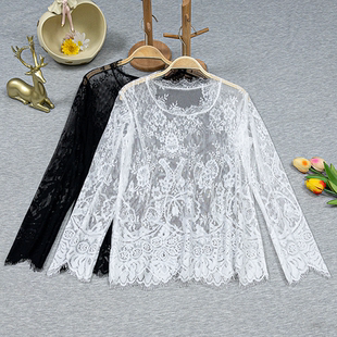 女长袖 2026春装 蕾丝打底小衫 韩版 春秋内搭镂空洋气网纱上衣潮 新款