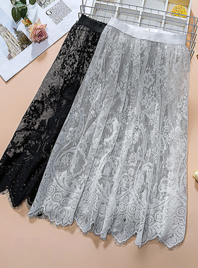 蕾丝半身裙女2025新款秋冬季百搭镂空a字高腰网纱中长款打底裙子