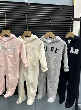 外单连体衣春秋款新生儿衣服宝宝哈衣爬服抓绒长袖连帽卫衣外出服