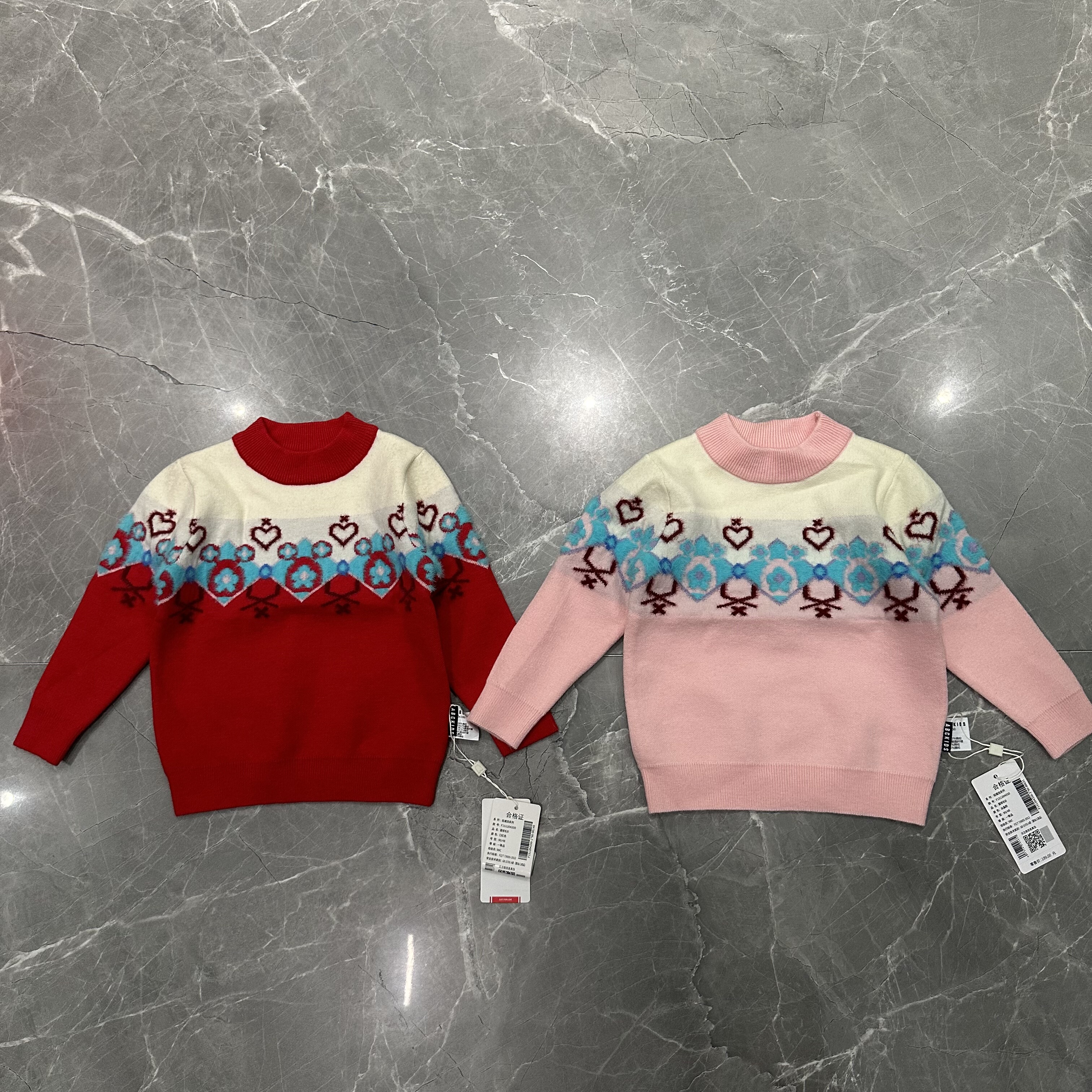 国内春秋冬新款女宝宝提花针织毛衣半高领长袖上衣有弹力保暖淑女