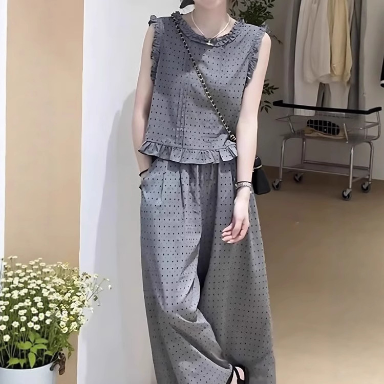 灰色减龄木耳边无袖背心阔腿裤套装女2025夏小个子套头上衣两件套