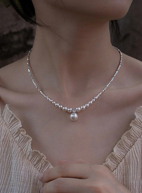 s925纯银碎银子正圆珍珠项链大小渐变串珠锁骨链气质轻奢风戴妃款