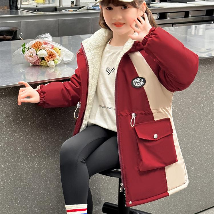 女童冬季加绒加厚拼色派克服
