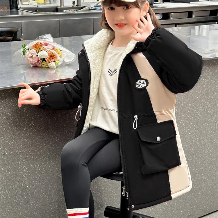 女童冬季加绒外套2024新款洋气中长款加厚棉服中大儿童风衣派克服