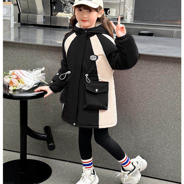 女童冬季加绒外套2024新款洋气中长款加厚棉服中大儿童风衣派克服