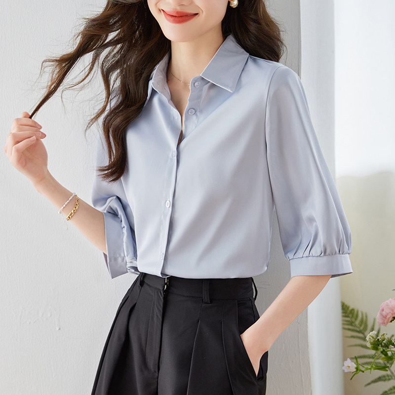 白领哥弟新女装2023夏季气质翻领中袖法式职业缎面短袖衬衫女上衣怎么样,好用不?