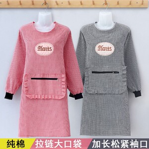纯棉围裙长袖工作服女厨房家用做饭成人罩衣防油污秋冬上班反穿衣