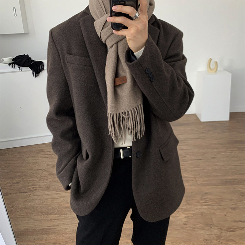 韩版新款毛呢大衣复古西装外套男款宽松简约潮流男士西装冬季加厚
