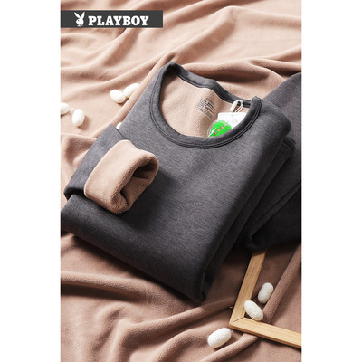 花花公子德绒保暖内衣男款加绒加厚套装纯色圆领发热抗菌秋衣秋裤