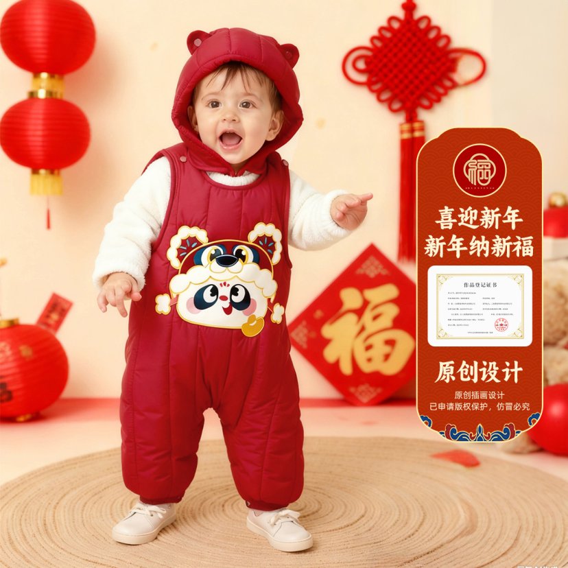 嘟嘟家童装宝宝拜年服男童裤子婴儿新年衣服红色女童年服国风冬款