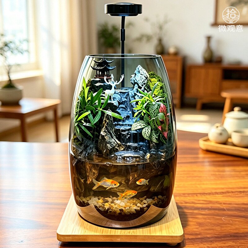 苔藓微景观养鱼流水缸生态瓶办公室diy桌面摆件礼物创意室内绿植