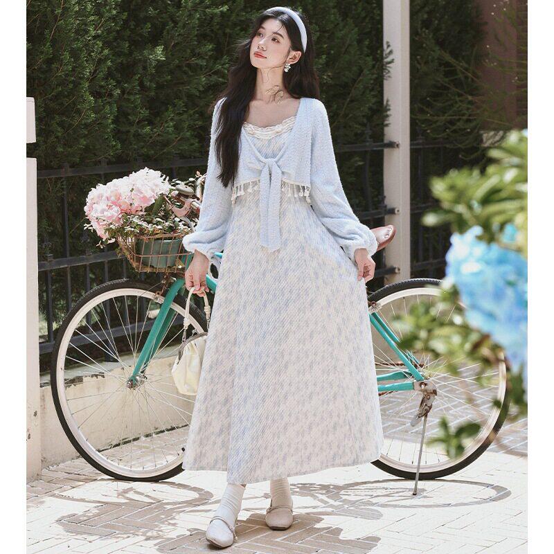 女装2026秋冬十三行新法式碎花雪尼尔吊带长裙+流苏针织罩衫套装