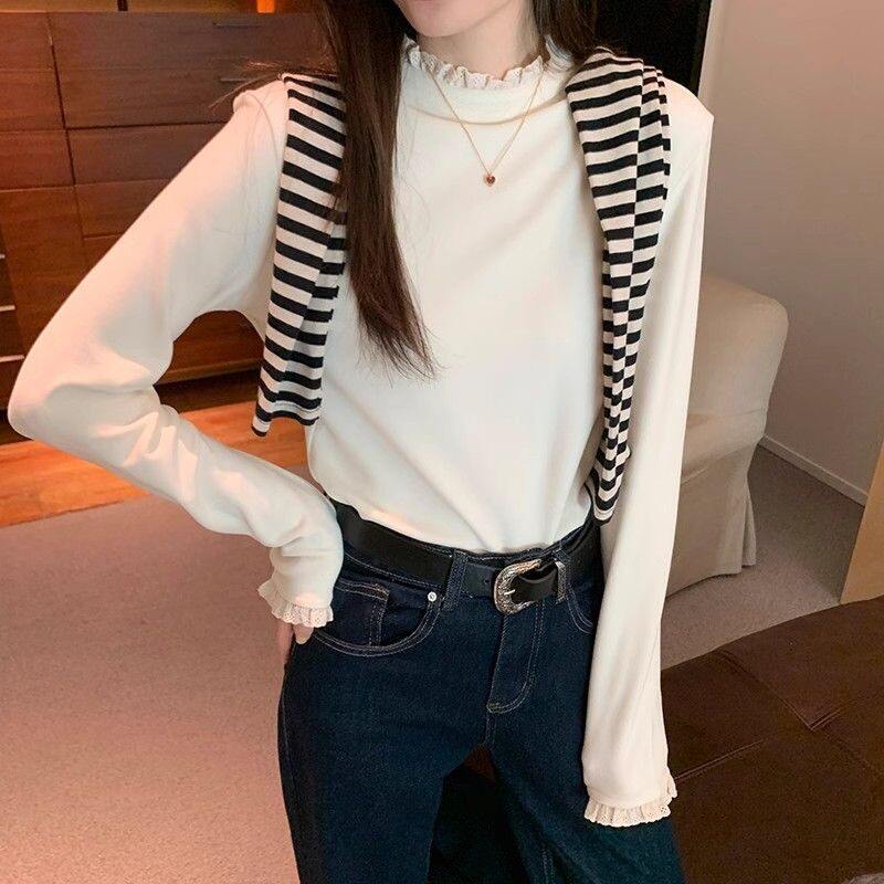 螺纹女打底衫内搭加厚半高领长袖绒T恤1杏色秋冬1上衣蕾丝边德