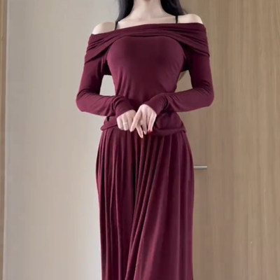 大码胖mm辣妹裙荡领显瘦一字斜肩长袖秋冬季新款上衣半身裙两件套