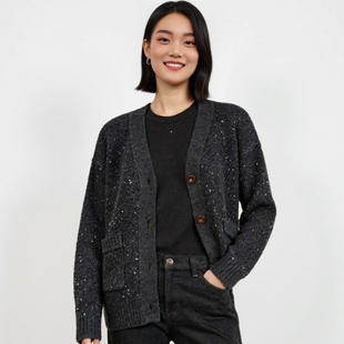 秋冬女加厚中长款V领羊毛衫针织外套慵懒风OL时尚单排扣亮片毛衫