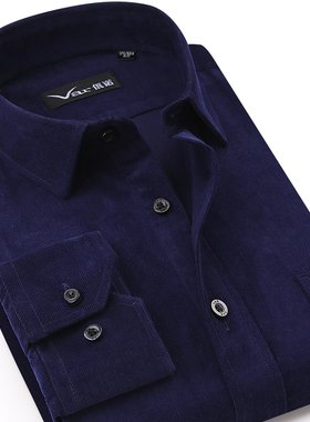 var佤诺春秋新款纯棉男士衬衫有口袋灯芯绒长袖加厚衬衣中年