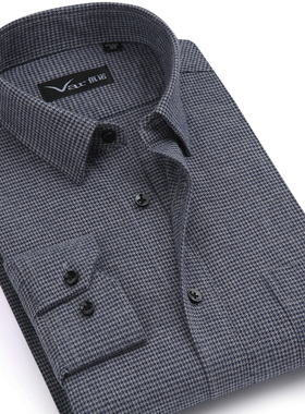 var高级感纯棉法兰绒中年男士长袖衬衫磨毛休闲细格纹上衣千鸟格