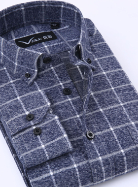 var高端纯棉法兰绒长袖衬衫男士磨毛格子休闲中年全棉格纹领扣