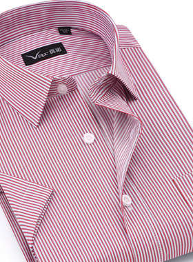 有口袋高端抗皱全棉红条纹短袖衬衫男士商务正装半袖夏薄款绅士