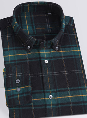 2025秋季新款轻奢全棉磨毛法兰绒长袖格子男士衬衫宽松休闲上衣寸