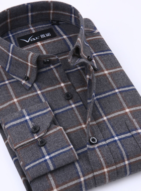 var100%棉法兰绒中年长袖衬衫男士磨毛格子休闲寸衣爸爸装佤诺秋
