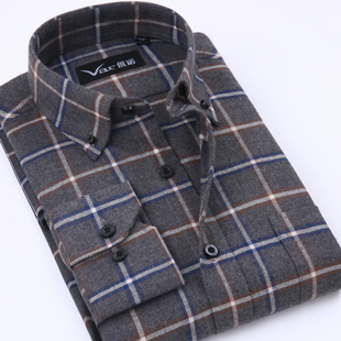 var100%棉法兰绒中年长袖 男士 磨毛格子休闲寸衣爸爸装 佤诺秋 衬衫
