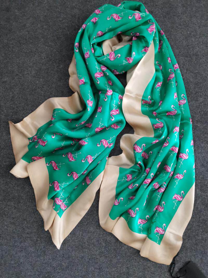 高端奢品双面两色火烈鸟印花真丝素绉缎丝巾长巾欧美围巾披肩秋冬