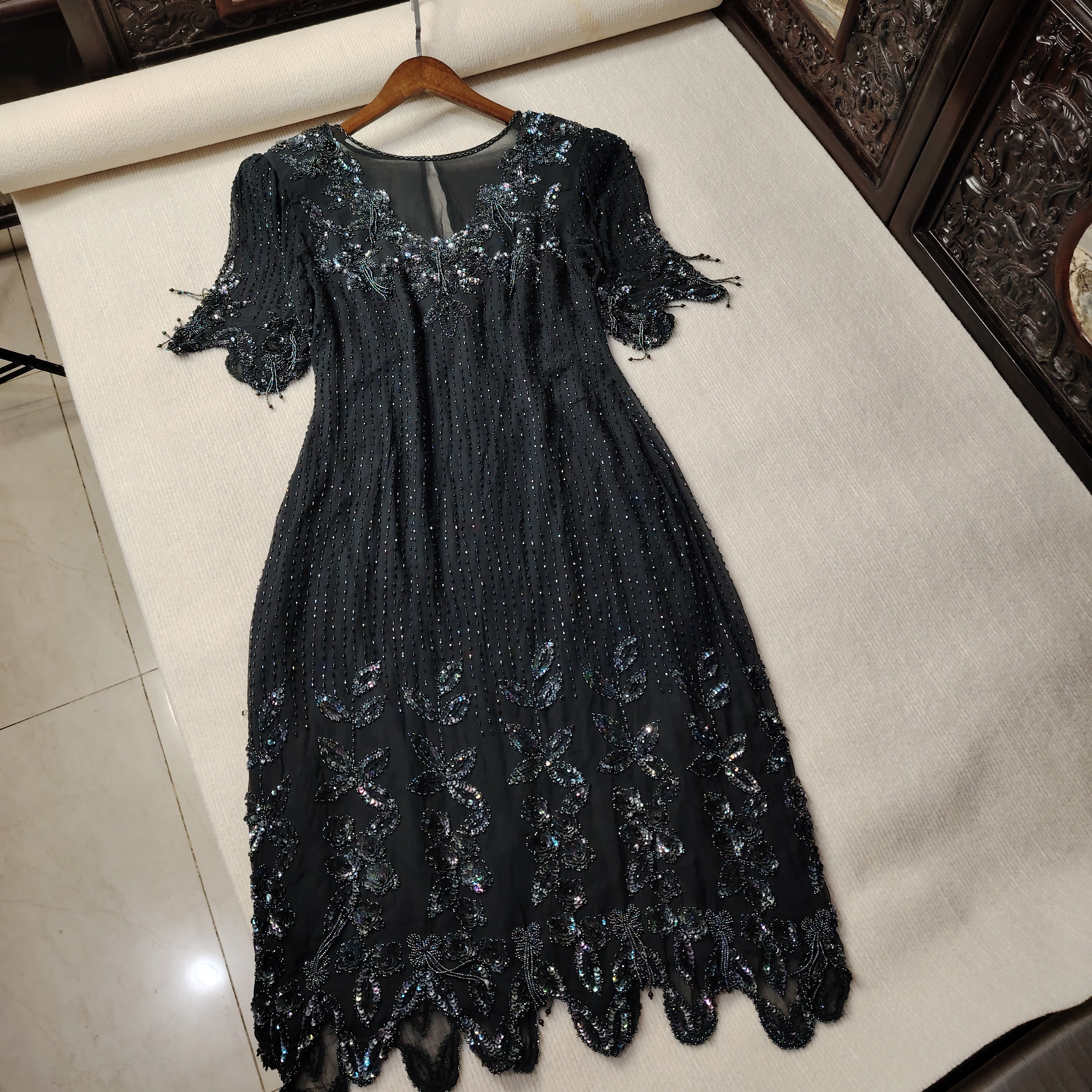奢华纯色高端真丝礼服纱重工钉珠流苏短袖修身聚会宴会礼服裙