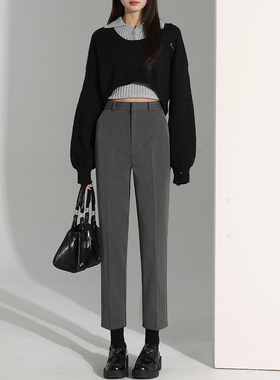 秋冬季加绒西装裤女九分加厚高腰宽松直筒西裤休闲小个子烟管裤子