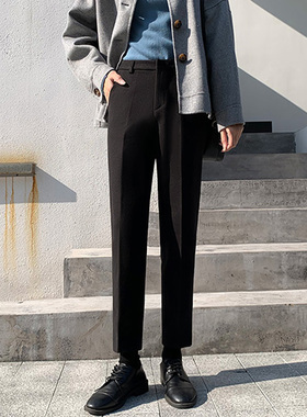 秋冬加绒西装裤女高腰直筒九分小脚西裤休闲宽松加厚萝卜烟管裤
