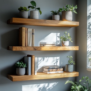 原木风墙上置物架实木一字隔板书架茶室咖啡厅背景墙民宿壁挂层板