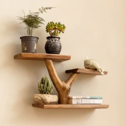 实木墙壁多层隔板胡桃色收纳架