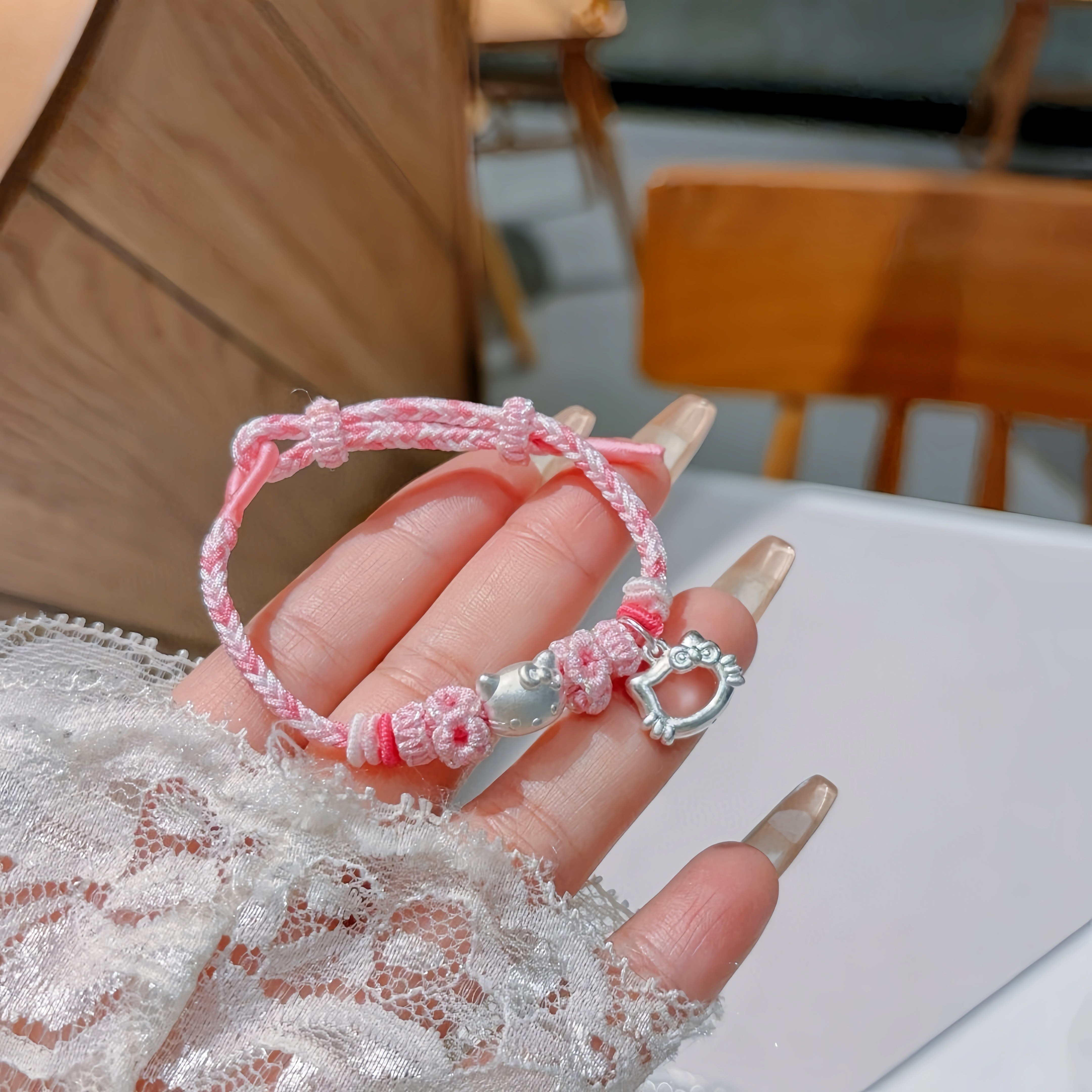 足银990纯银Kitty猫手工编绳手链