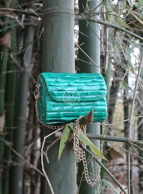 竹节MINI零钱包口红钥匙绿色信封翻盖链条手工拼接竹根斜挎迷你包