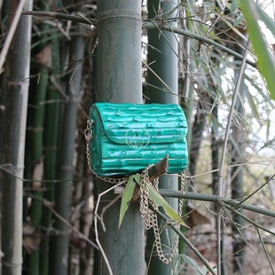 竹节MINI零钱包口红钥匙绿色信封翻盖链条手工拼接竹根斜挎迷你包