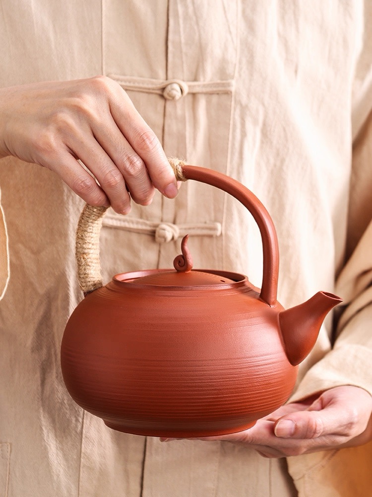 潮州薄胎红泥砂铫壶中式大容量提梁壶户外烧水壶家用围炉煮茶泡壶