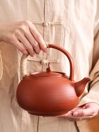 潮州薄胎红泥砂铫壶中式大容量提梁壶户外烧水壶家用围炉煮茶泡壶