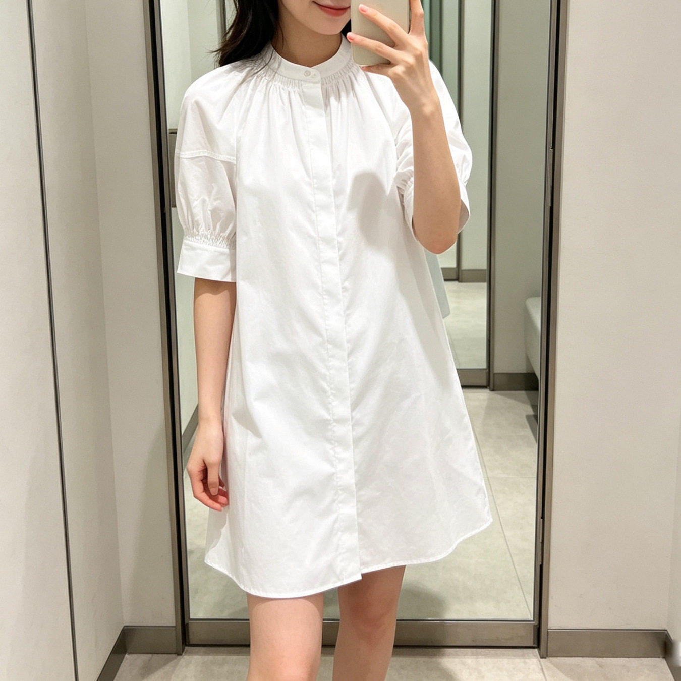 夏季纯色抽褶泡泡袖衬衫连衣裙