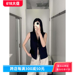 极简COS风修身V领系带收腰无袖黑色设计感24夏季新款通勤女士马甲