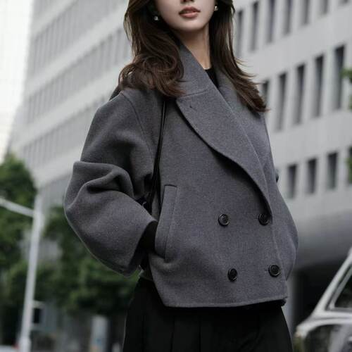 CS女装宽松双面羊毛外套大衣灰色