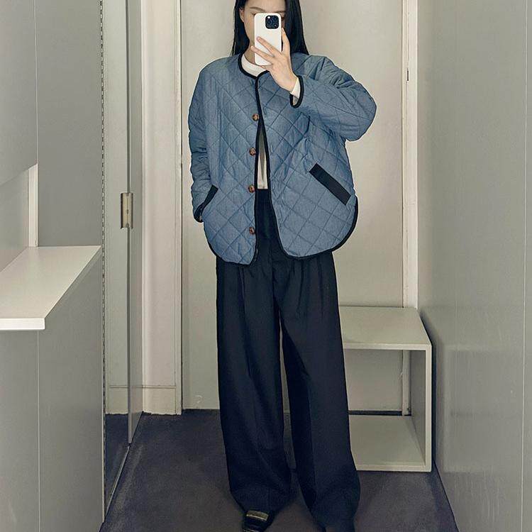 极简花少同款棉衣菱格绗棉牛仔蓝色棉服外套春秋保暖休闲外套北欧