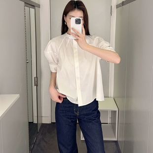 标准版 衬衫 极简COS风女装 型泡泡袖 上衣 白色圆领棉短袖 通勤工装