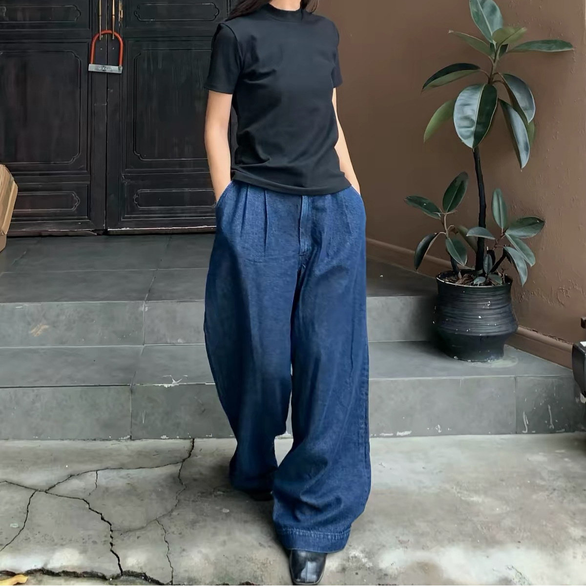 CS女装休闲版型褶裥高腰阔腿牛仔