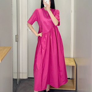 极简cosniu桃红色气质时尚结构缩褶短袖长裙连衣裙25年秋新品女装