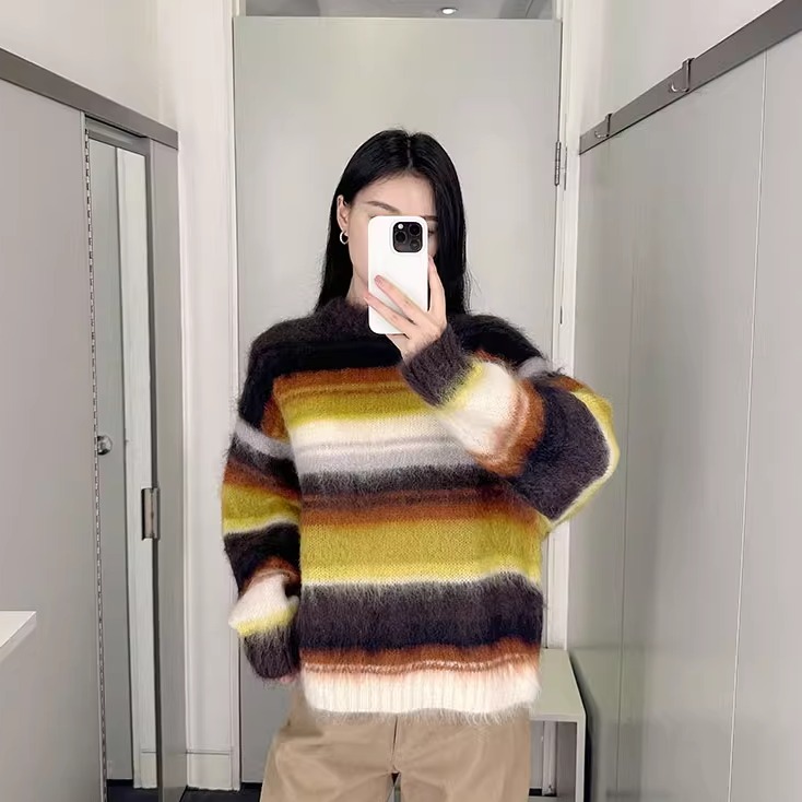 极简COS风宽条纹马海毛混纺宽松黄色/棕色长袖毛衣女圆领春秋