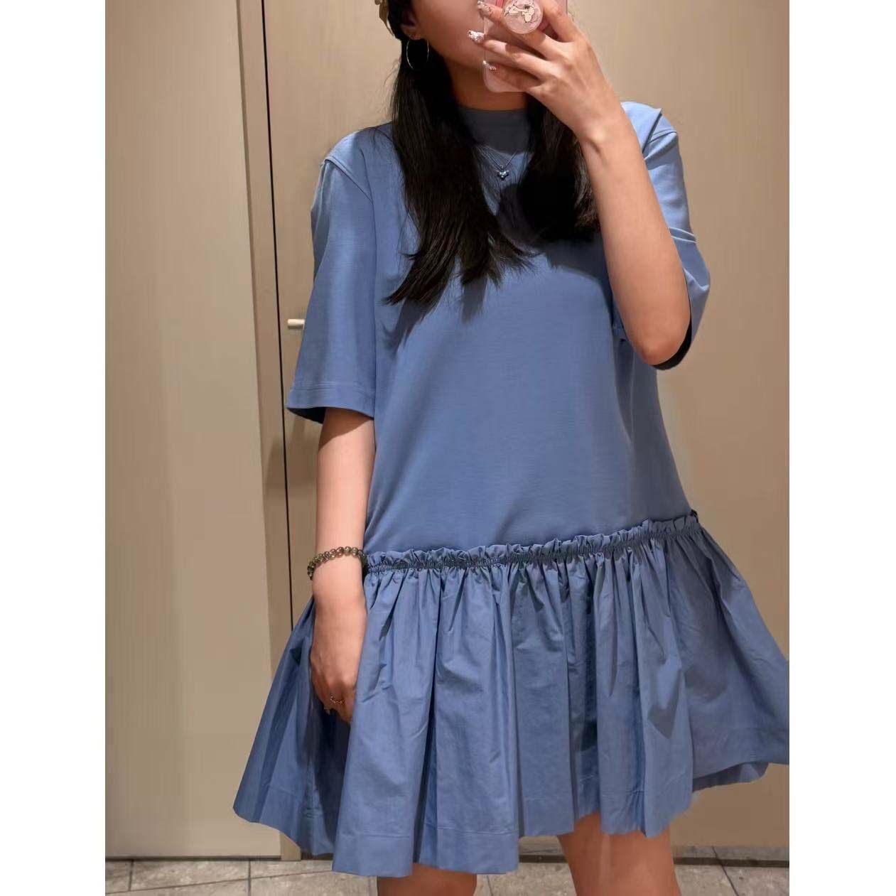 极简cosniu女装休闲版型拼接T恤连衣裙蓝色2026春季新品