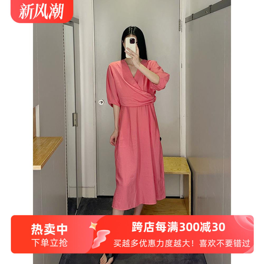 通勤A字纯色围裹式五分袖连衣裙