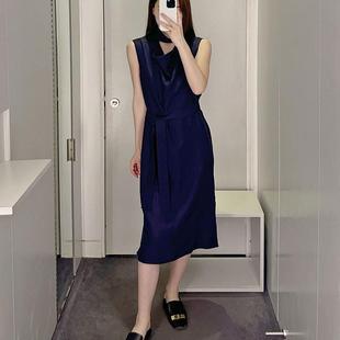 垂领围巾显瘦藏青色长款 极简COS风女装 修身 休闲版 连衣裙 型无袖