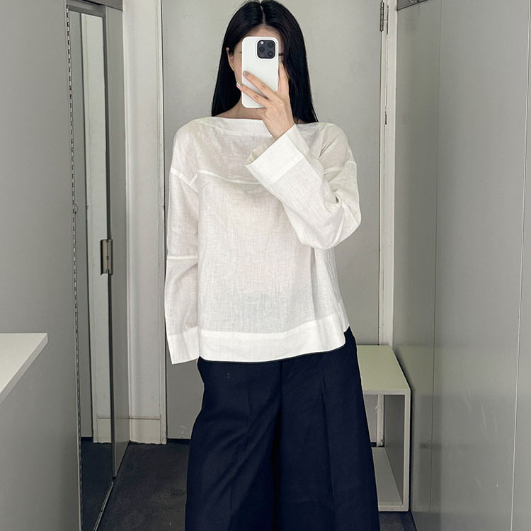 极简cosniu风白色休闲版型船领细带亚麻衬衫白色2025长袖透气上衣
