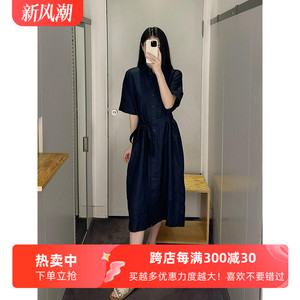 极简风休闲版型落肩系带亚麻衬衫裙深藏青25秋新cosniu女连衣裙